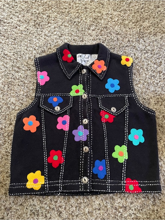 Michael Simon Sweaters - Vintage Michael Simon Black Vest with Multicolor Felt Flower Appliqué